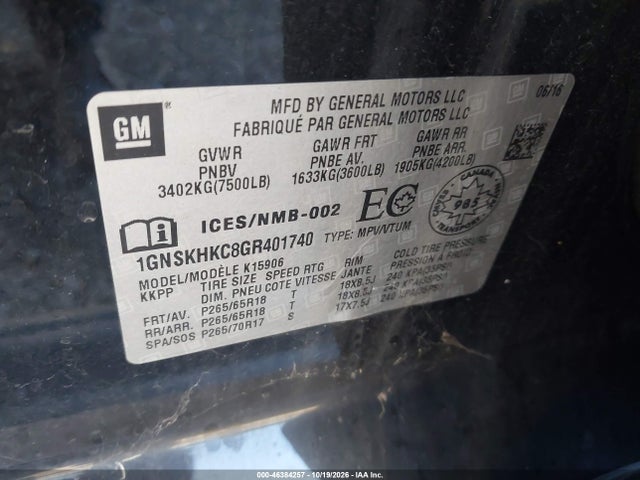 46384257 :رقم المزاد ، 1GNSKHKC8GR401740 vin ، 2016 Chevrolet Suburban Lt مزاد بيع