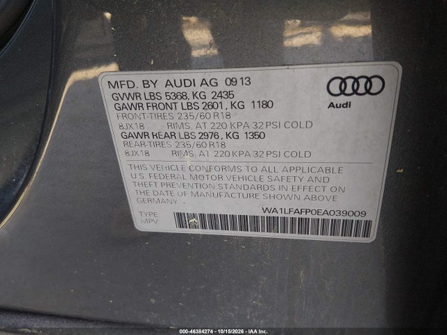 46384274 :رقم المزاد ، WA1LFAFP0EA039009 vin ، 2014 Audi Q5 2.0t Premium مزاد بيع