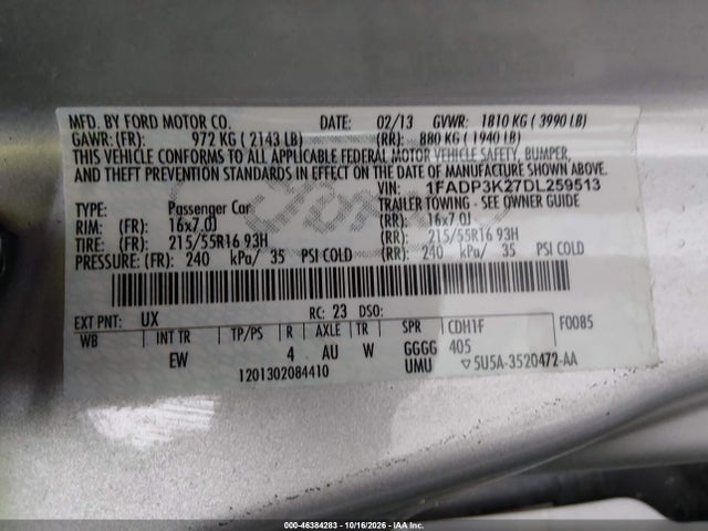 2013 Ford Focus Se მანქანა იყიდება აუქციონზე, vin: 1FADP3K27DL259513, აუქციონის ნომერი: 46384283