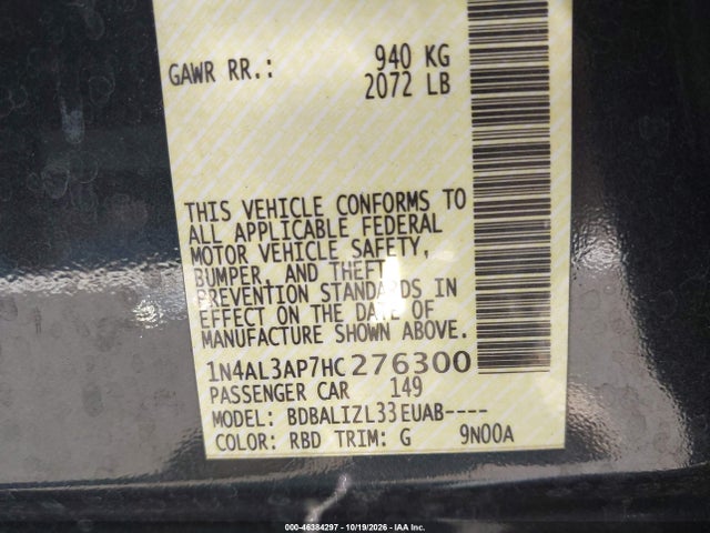 1N4AL3AP7HC276300 Nissan Altima 2.5 Sv