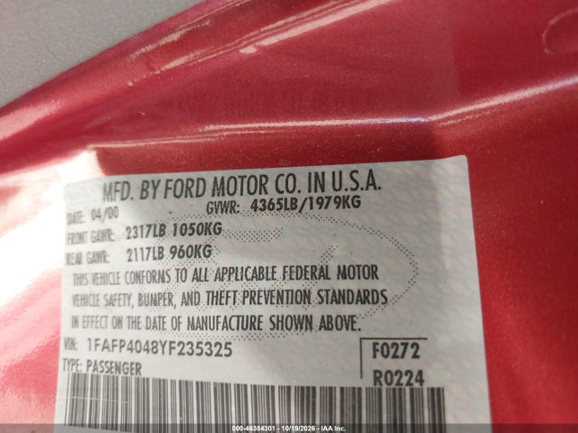 2000 Ford Mustang მანქანა იყიდება აუქციონზე, vin: 1FAFP4048YF235325, აუქციონის ნომერი: 46384301