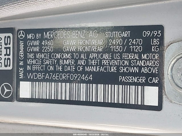 Продажа на аукционе авто 1994 Mercedes-benz Sl 600, vin: WDBFA76E0RF092464, номер лота: 46384345