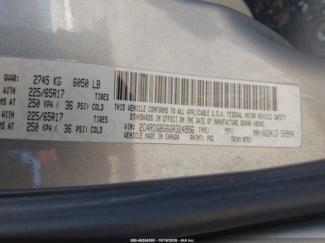 46384350 :رقم المزاد ، 2C4RDGBG6GR324956 vin ، 2016 Dodge Grand Caravan American Value Pkg مزاد بيع