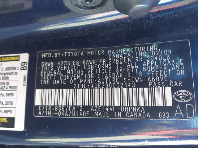 46384414 :رقم المزاد ، 2T1LE40E29C002143 vin ، 2009 Toyota Matrix S مزاد بيع