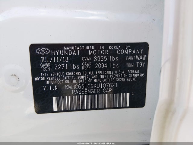 Продаж на аукціоні авто 2019 Hyundai Ioniq Hybrid Blue, vin: KMHC65LC9KU107621, номер лоту: 46384476