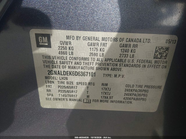 Продажа на аукционе авто 2013 Chevrolet Equinox 1lt, vin: 2GNALDEK6D6367101, номер лота: 46384526