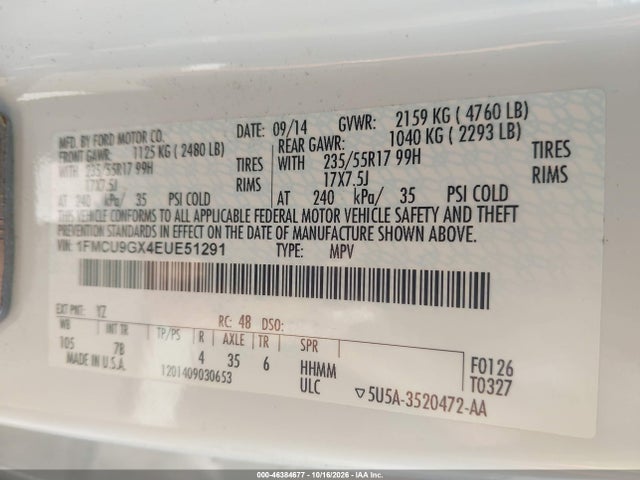 Aukcja sprzedaży 2014 Ford Escape Se, vin: 1FMCU9GX4EUE51291, numer aukcji: 46384677