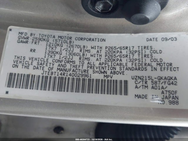 Продаж на аукціоні авто 2004 Toyota 4runner Sr5 V8, vin: JTEBT14R140029961, номер лоту: 46384723