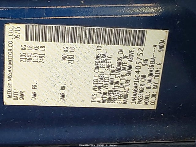 46384750 :رقم المزاد ، 1N4AA6AP1GC405752 vin ، 2016 Nissan Maxima 3.5 S مزاد بيع