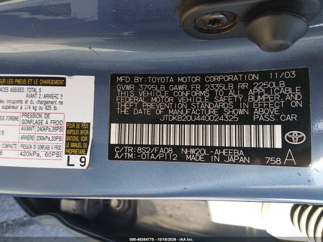 Продажа на аукционе авто 2004 Toyota Prius, vin: JTDKB20U440024325, номер лота: 46384770
