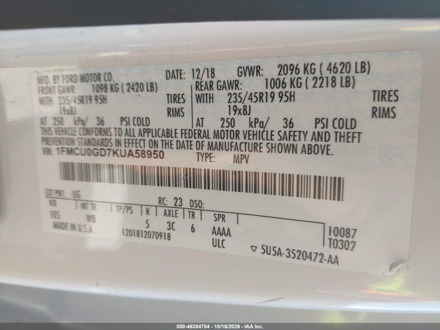 Продаж на аукціоні авто 2019 Ford Escape Se, vin: 1FMCU0GD7KUA58950, номер лоту: 46384784