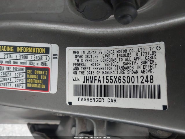 Aukcja sprzedaży 2006 Honda Civic Lx, vin: JHMFA155X6S001248, numer aukcji: 46384827
