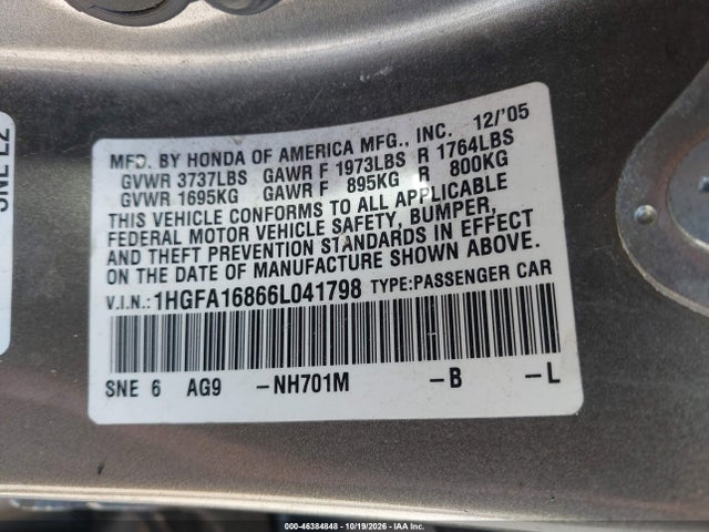 46384848 :رقم المزاد ، 1HGFA16866L041798 vin ، 2006 Honda Civic Ex مزاد بيع