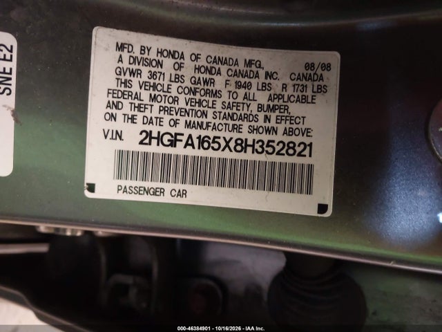 Aukcja sprzedaży 2008 Honda Civic Lx, vin: 2HGFA165X8H352821, numer aukcji: 46384901