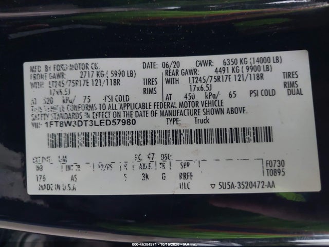 46384971 :رقم المزاد ، 1FT8W3DT3LED57980 vin ، 2020 Ford F-350 Xl مزاد بيع