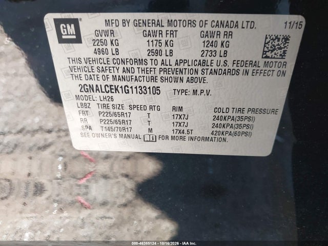46385124 :رقم المزاد ، 2GNALCEK1G1133105 vin ، 2016 Chevrolet Equinox Lt مزاد بيع
