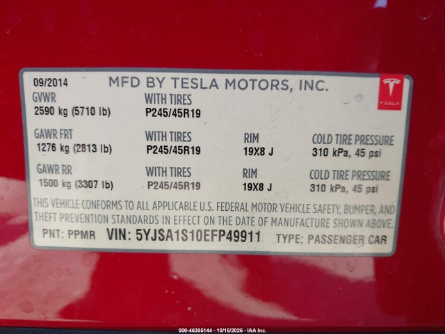 5YJSA1S10EFP49911 Tesla MODEL S