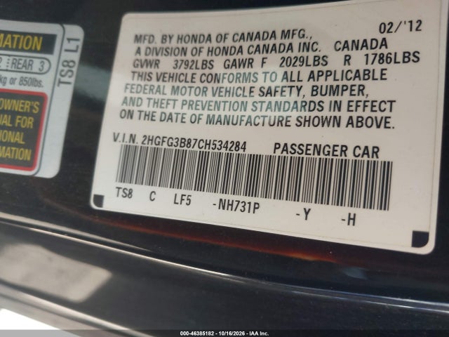 46385182 :رقم المزاد ، 2HGFG3B87CH534284 vin ، 2012 Honda Civic Ex مزاد بيع