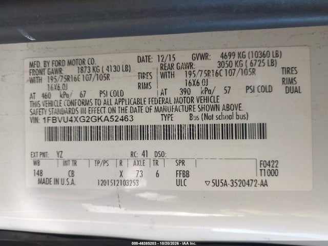 2016 Ford Transit-350 Xl მანქანა იყიდება აუქციონზე, vin: 1FBVU4XG2GKA52463, აუქციონის ნომერი: 46385203