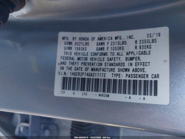 Aukcja sprzedaży 2016 Honda Accord Ex, vin: 1HGCR2F74GA217172, numer aukcji: 46385215