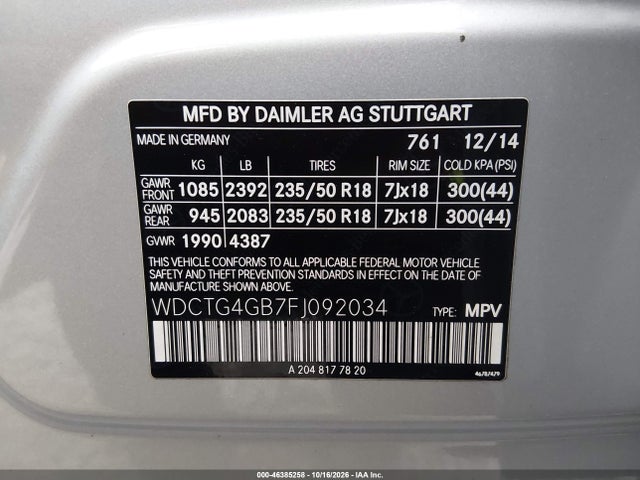 46385258 :رقم المزاد ، WDCTG4GB7FJ092034 vin ، 2015 Mercedes-benz Gla 250 4matic مزاد بيع