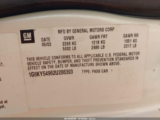 Продаж на аукціоні авто 2002 Cadillac Seville Sts, vin: 1G6KY54962U286393, номер лоту: 46385306