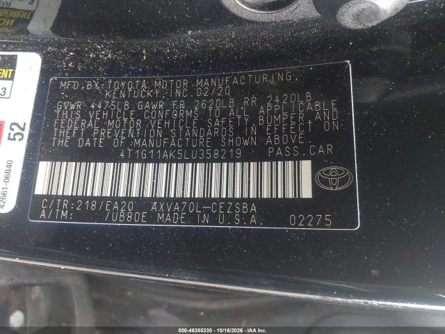 46385330 :رقم المزاد ، 4T1G11AK5LU358219 vin ، 2020 Toyota Camry Se مزاد بيع