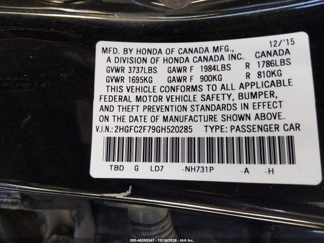 Honda CIVIC EX 2016 2HGFC2F79GH520285 Image 9
