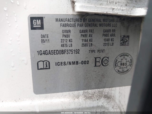 Продаж на аукціоні авто 2011 Buick Lacrosse Cx, vin: 1G4GA5ED0BF375192, номер лоту: 46385349