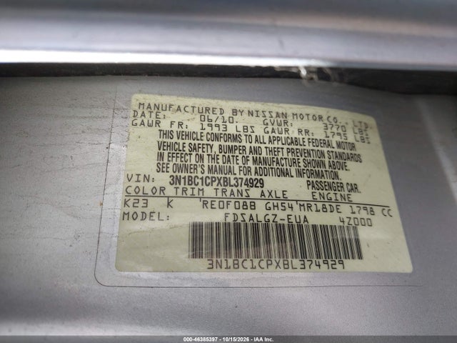Aukcja sprzedaży 2011 Nissan Versa 1.8sl, vin: 3N1BC1CPXBL374929, numer aukcji: 46385397