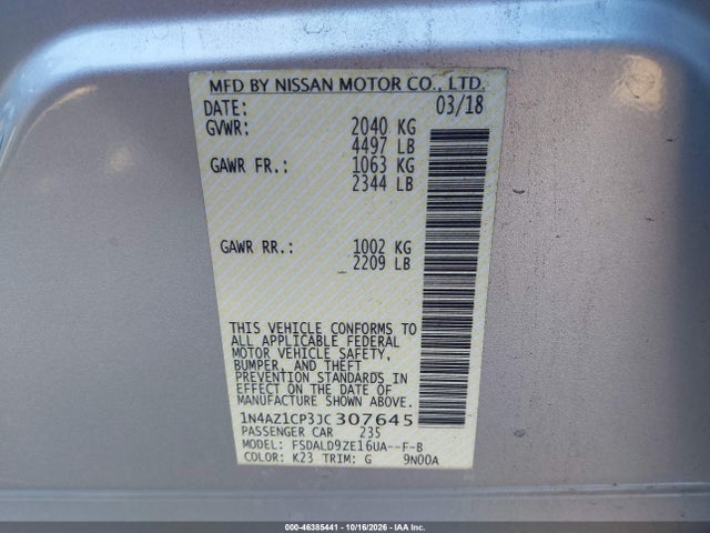 2018 Nissan Leaf Sv მანქანა იყიდება აუქციონზე, vin: 1N4AZ1CP3JC307645, აუქციონის ნომერი: 46385441