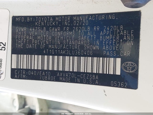 Продажа на аукционе авто 2020 Toyota Camry Se, vin: 4T1G11AK3LU360406, номер лота: 46385454