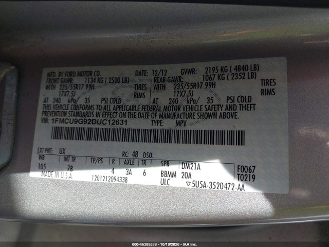 Продажа на аукционе авто 2013 Ford Escape Se, vin: 1FMCU9G92DUC12631, номер лота: 46385538
