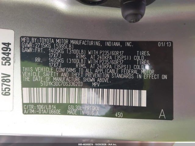 Aukcja sprzedaży 2013 Toyota Sienna Xle V6 7 Passenger Auto Access Seat/xle V6 8 Passenger, vin: 5TDYK3DC7DS336203, numer aukcji: 46385574