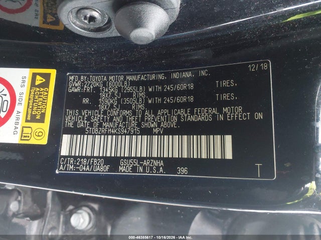 Aukcja sprzedaży 2019 Toyota Highlander Le, vin: 5TDBZRFH4KS947915, numer aukcji: 46385617