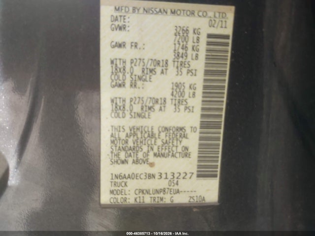 Aukcja sprzedaży 2011 Nissan Titan Pro-4x, vin: 1N6AA0EC3BN313227, numer aukcji: 46385713