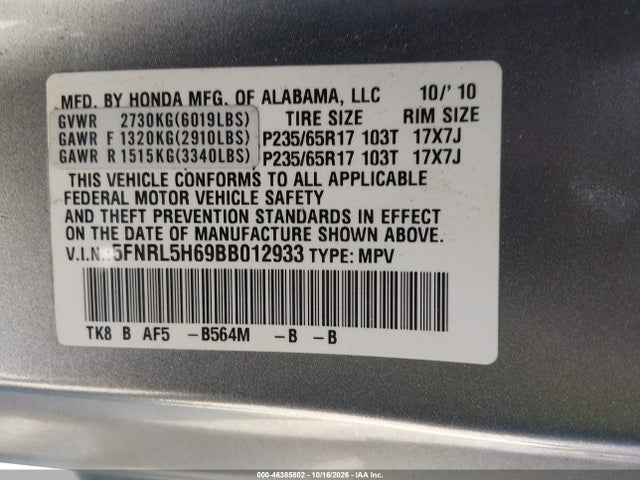 Aukcja sprzedaży 2011 Honda Odyssey Ex-l, vin: 5FNRL5H69BB012933, numer aukcji: 46385802