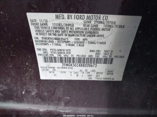 Aukcja sprzedaży 2011 Ford Flex Sel, vin: 2FMGK5CC4BBD20673, numer aukcji: 46385855