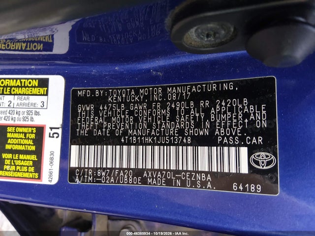 Aukcja sprzedaży 2018 Toyota Camry Le, vin: 4T1B11HK1JU513748, numer aukcji: 46385934