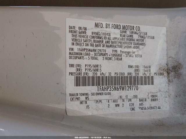 46385950 :رقم المزاد ، 1FAHP35N69W129770 vin ، 2009 Ford Focus Se مزاد بيع