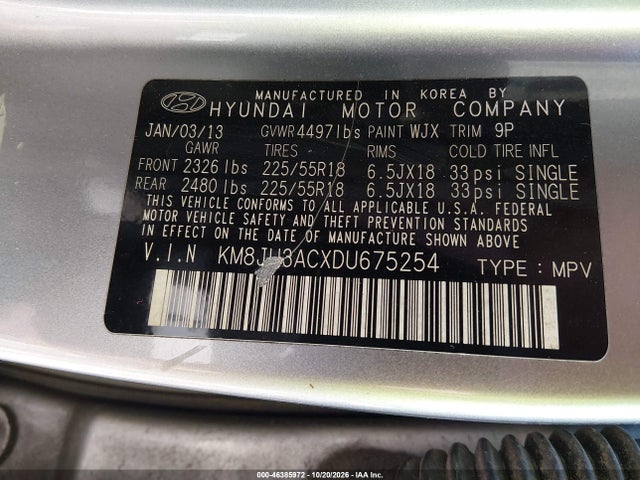 46385972 :رقم المزاد ، KM8JU3ACXDU675254 vin ، 2013 Hyundai Tucson Limited مزاد بيع