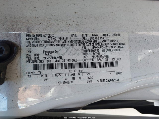 2012 Ford Focus Se მანქანა იყიდება აუქციონზე, vin: 1FAHP3K20CL281630, აუქციონის ნომერი: 46385985