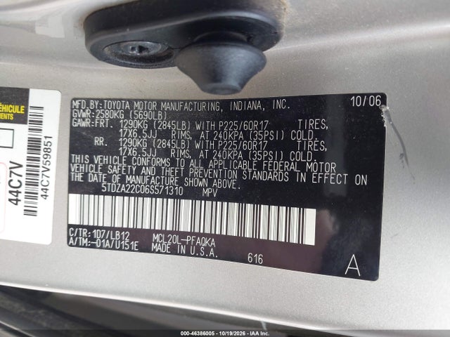 46386005 :رقم المزاد ، 5TDZA22C06S571310 vin ، 2006 Toyota Sienna Xle Limited مزاد بيع