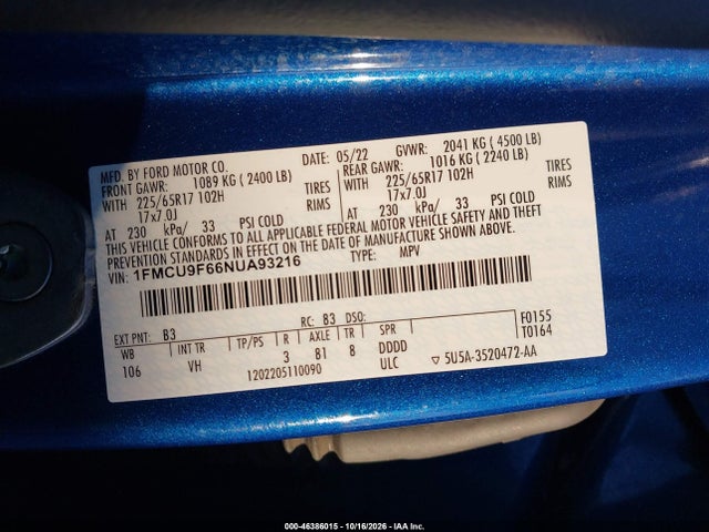 2022 Ford Escape S მანქანა იყიდება აუქციონზე, vin: 1FMCU9F66NUA93216, აუქციონის ნომერი: 46386015