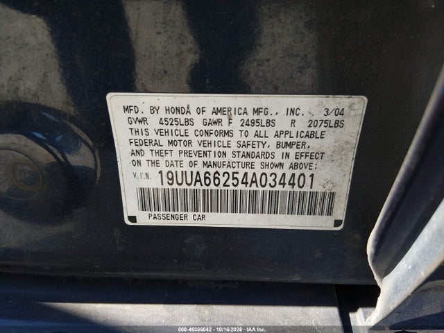 Aukcja sprzedaży 2004 Acura Tl, vin: 19UUA66254A034401, numer aukcji: 46386042