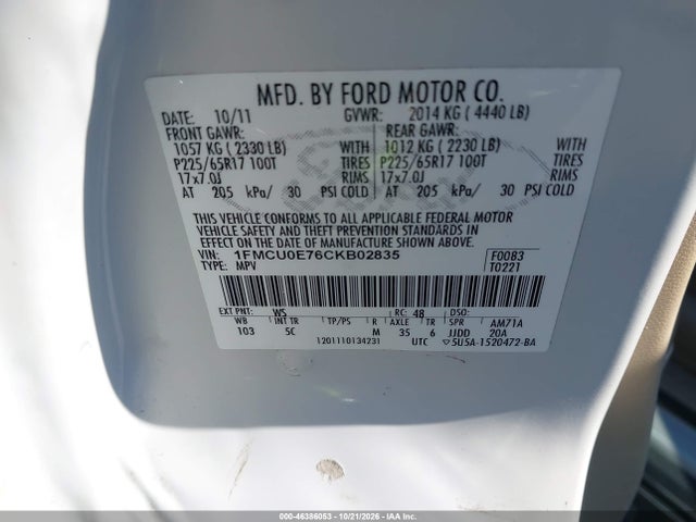 46386053 :رقم المزاد ، 1FMCU0E76CKB02835 vin ، 2012 Ford Escape Limited مزاد بيع
