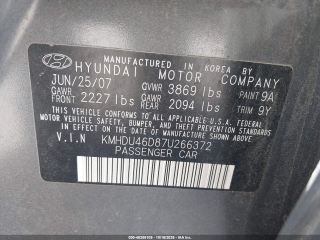 Aukcja sprzedaży 2007 Hyundai Elantra Gls/limited/se, vin: KMHDU46D87U266372, numer aukcji: 46386109