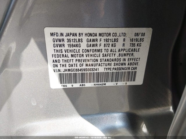 Продаж на аукціоні авто 2009 Honda Fit Sport, vin: JHMGE88459S003241, номер лоту: 46386143
