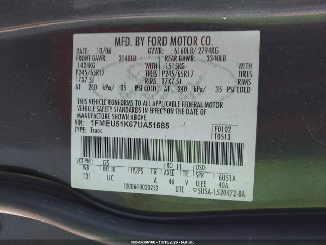 2007 Ford Explorer Sport Trac Xlt მანქანა იყიდება აუქციონზე, vin: 1FMEU51K67UA51685, აუქციონის ნომერი: 46386166