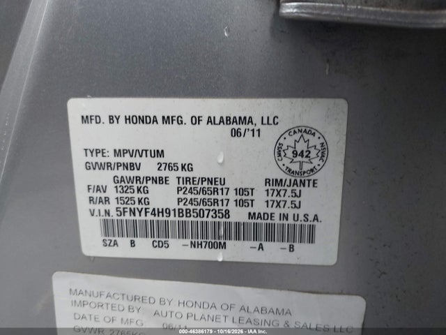 Продажа на аукционе авто 2011 Honda Pilot Touring, vin: 5FNYF4H91BB507358, номер лота: 46386179